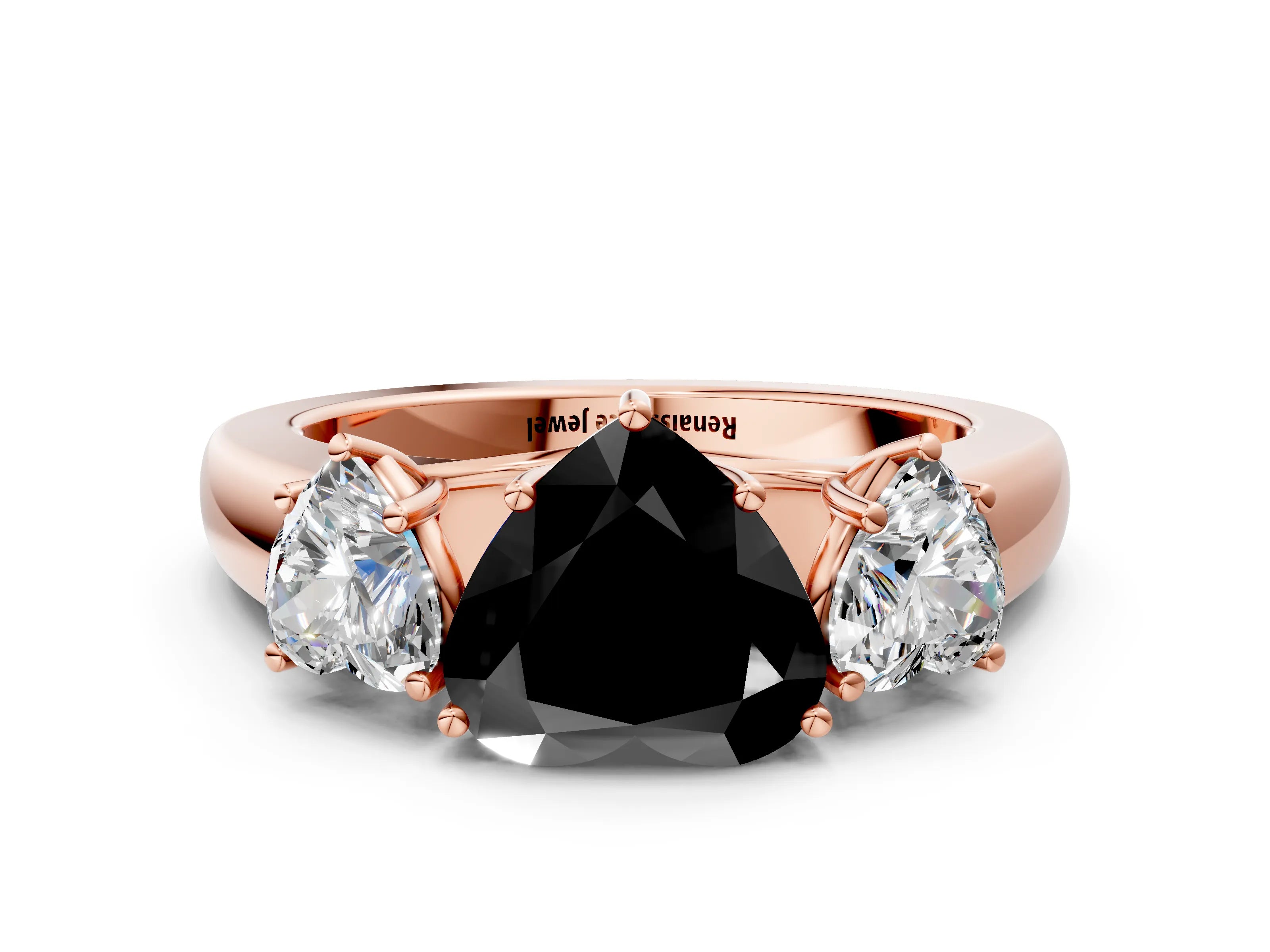 Rose gold Three-Stone Fancy Black Heart Cut Cut Diamond Ring with Prong Setting and Classic Band