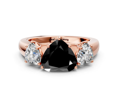 Rose gold Three-Stone Fancy Black Heart Cut Cut Diamond Ring with Prong Setting and Classic Band