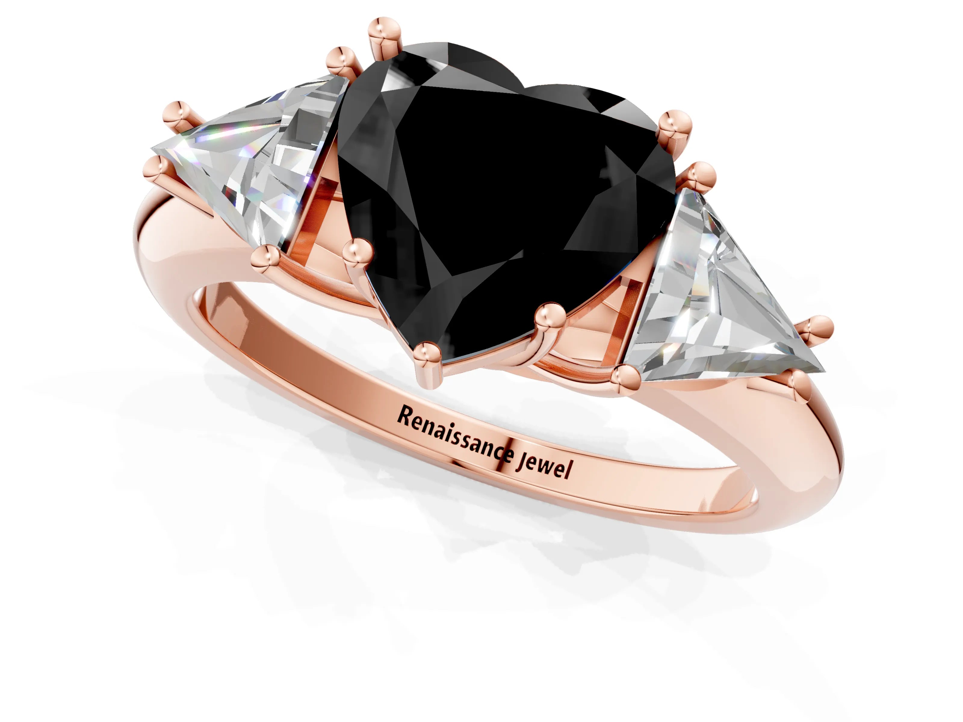 Rose gold Three-Stone Fancy Black Heart Cut Cut Diamond Ring with Trillion Side Stones and Four-Prong Setting_4