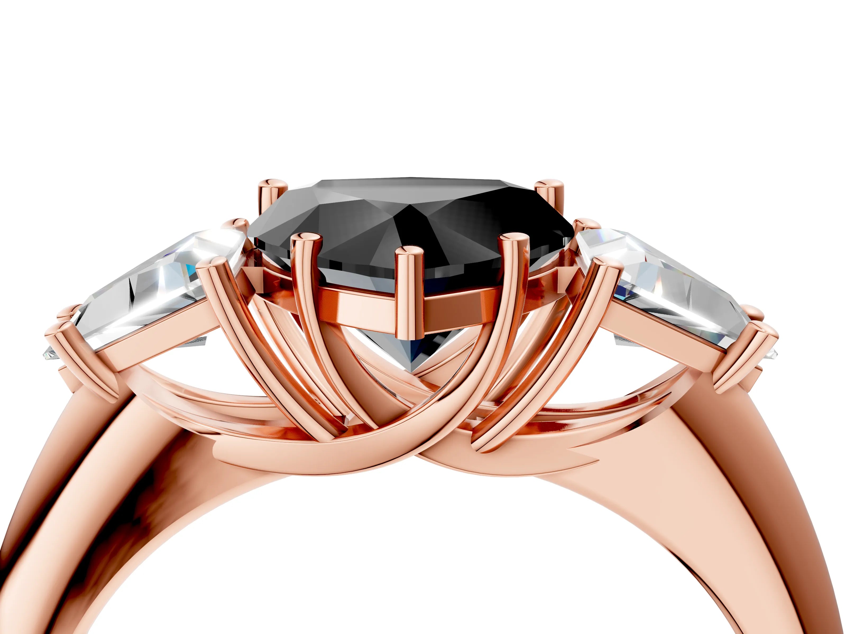Rose gold Three-Stone Fancy Black Heart Cut Cut Diamond Ring with Trillion Side Stones and Four-Prong Setting_7