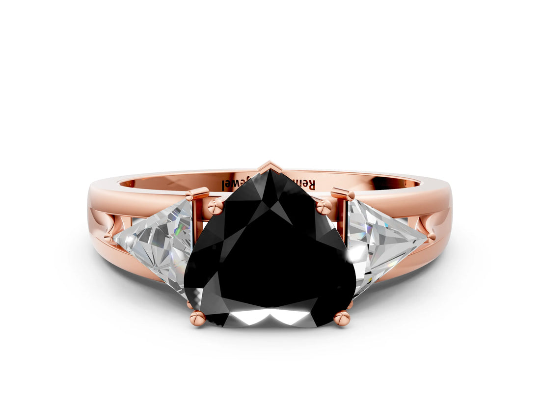 Rose gold Three-Stone Fancy Black Heart Cut Cut Diamond Ring with Trillion Side Stones on a Split Shank Band