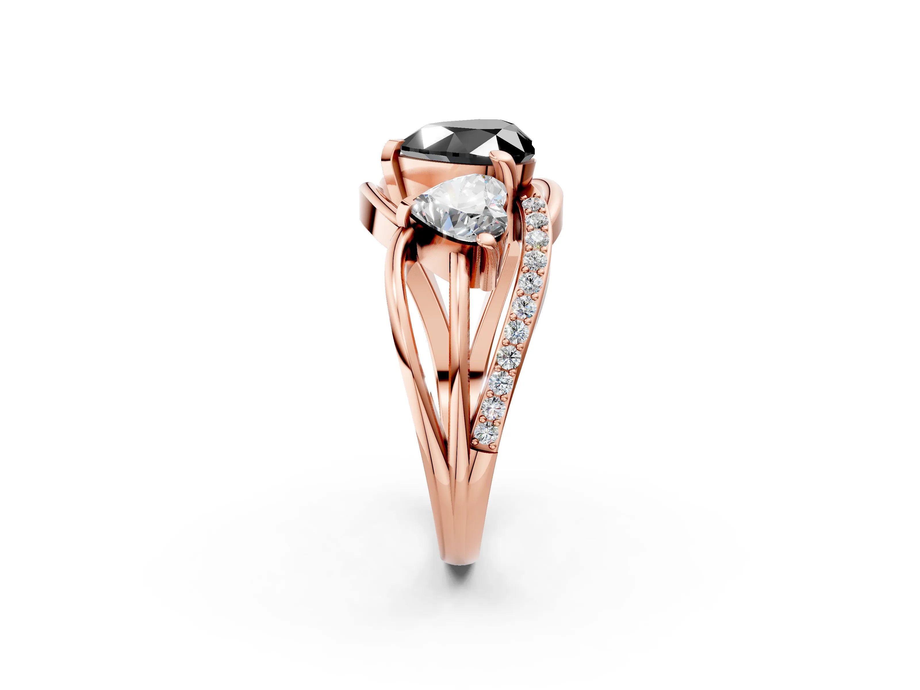 Rose gold Three-Stone Fancy Black Heart Cut Cut Diamond Split Shank Prong Set Ring_2