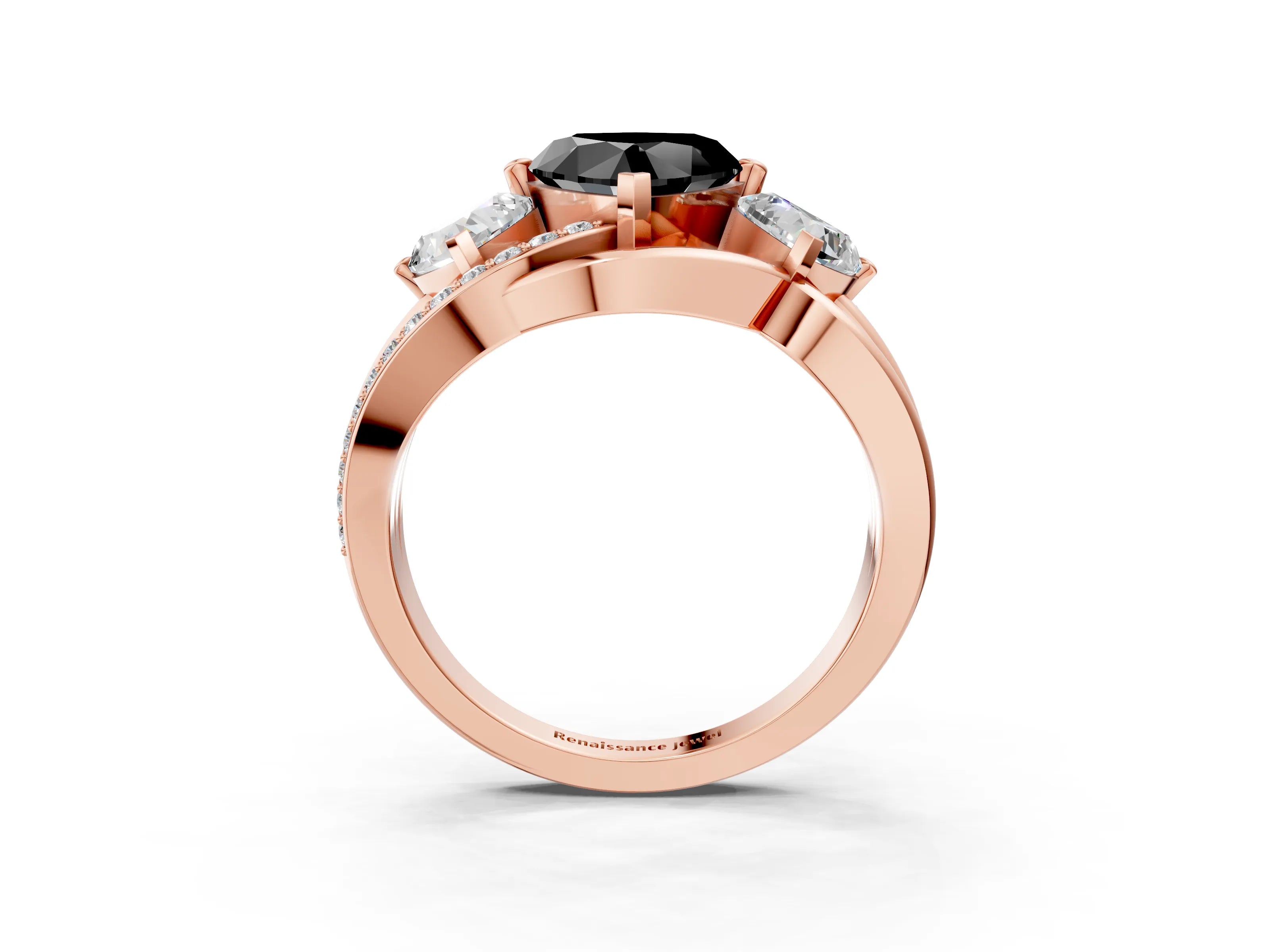 Rose gold Three-Stone Fancy Black Heart Cut Cut Diamond Split Shank Prong Set Ring_3