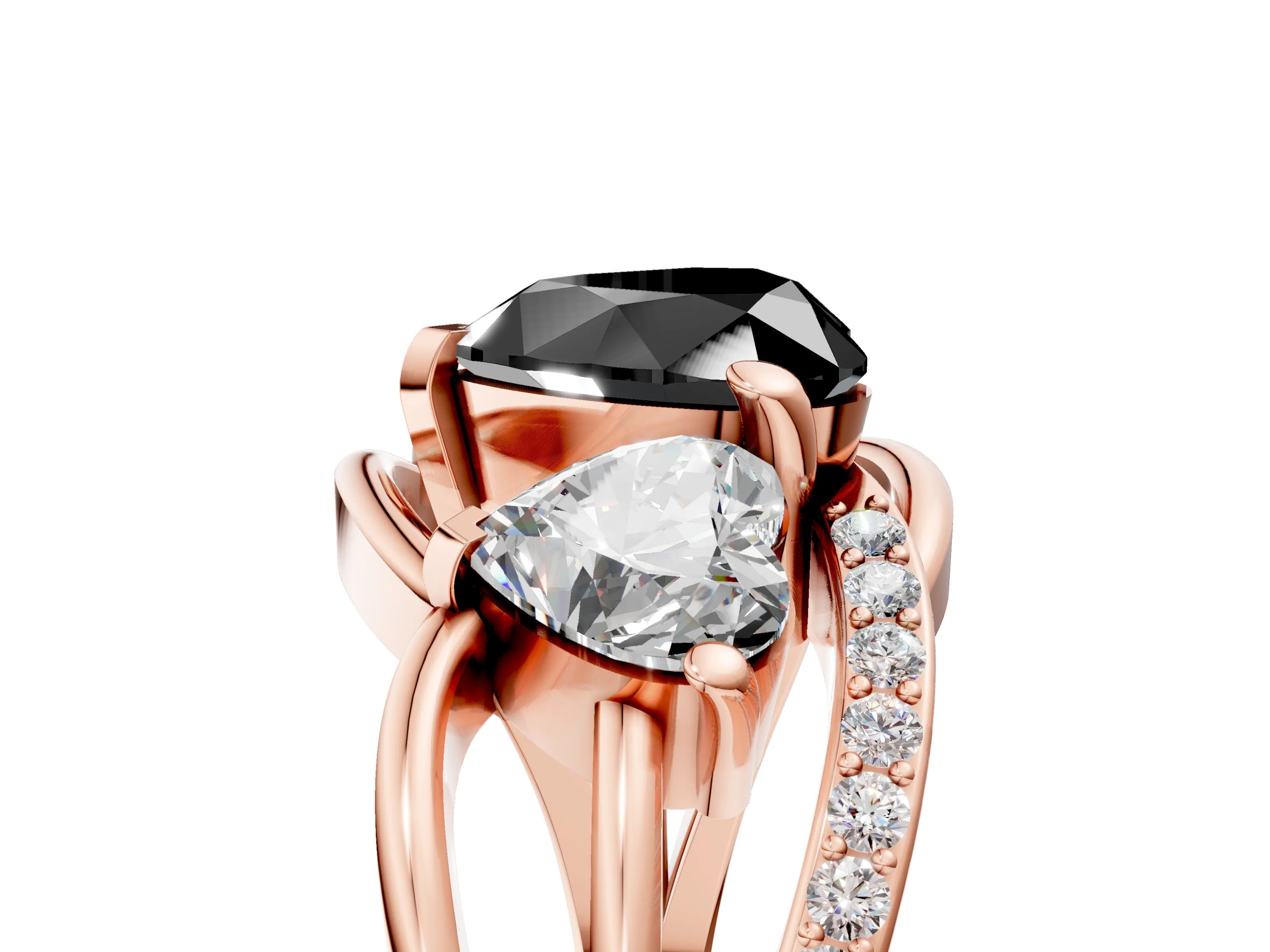 Rose gold Three-Stone Fancy Black Heart Cut Cut Diamond Split Shank Prong Set Ring_5