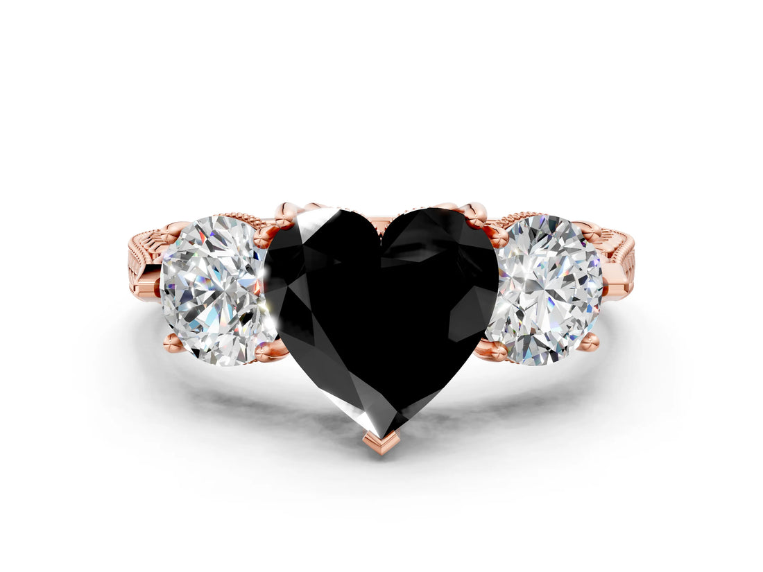 Rose gold Three-Stone Fancy Black Heart Cut Cut Milgrain Band Prong Setting Ring_6