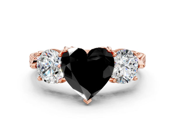 Rose Gold Heart-Shaped Vintage Three Stone Engagement Ring Setting for Black Center