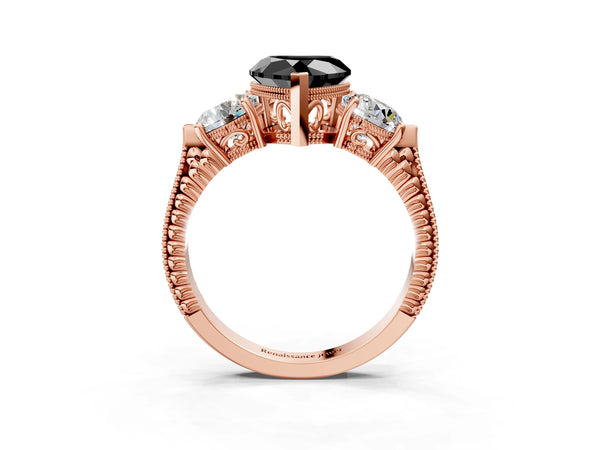 Rose Gold Heart-Shaped Vintage Three Stone Engagement Ring Setting for Black Center