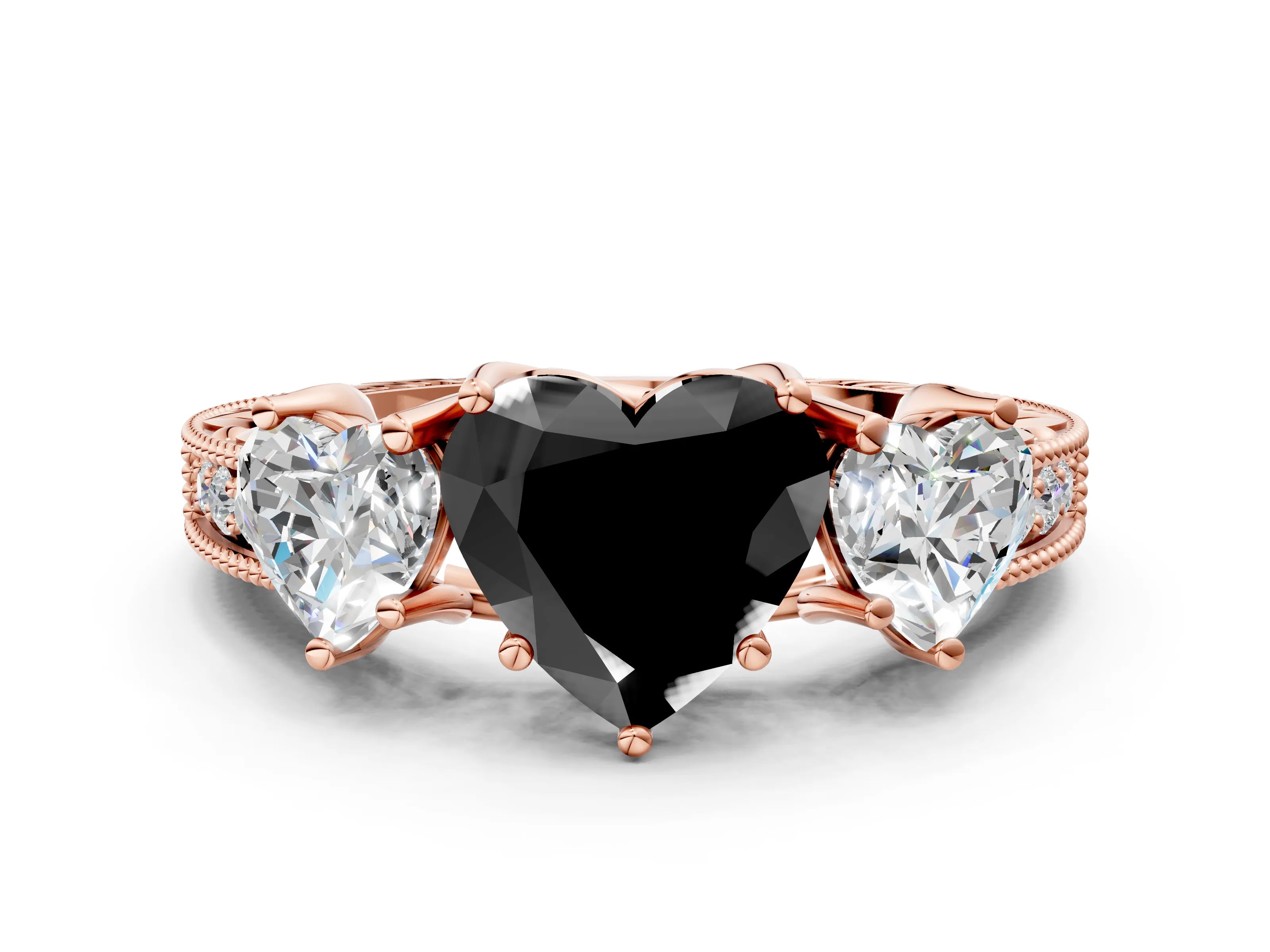 Rose gold Three-Stone Fancy Black Heart Cut Cut Milgrain Pavé Engagement Ring
