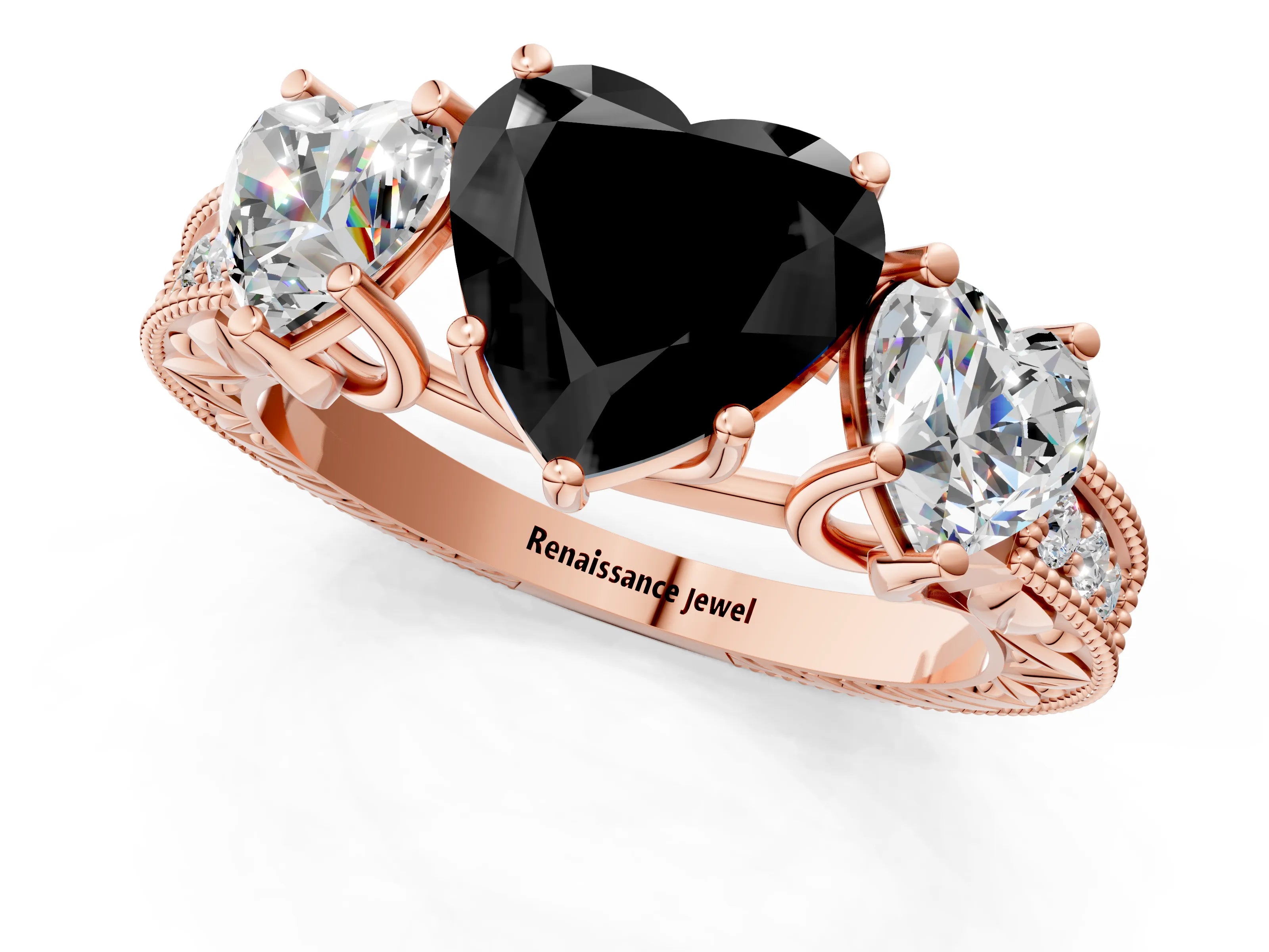 Rose gold Three-Stone Fancy Black Heart Cut Cut Milgrain Pavé Engagement Ring_1