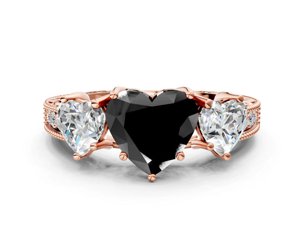 Rose Gold Heart-Shaped Engraved Three Stone Engagement Ring Setting for Black Center