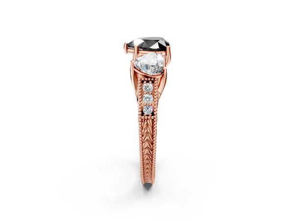Rose Gold Heart-Shaped Engraved Three Stone Engagement Ring Setting for Black Center