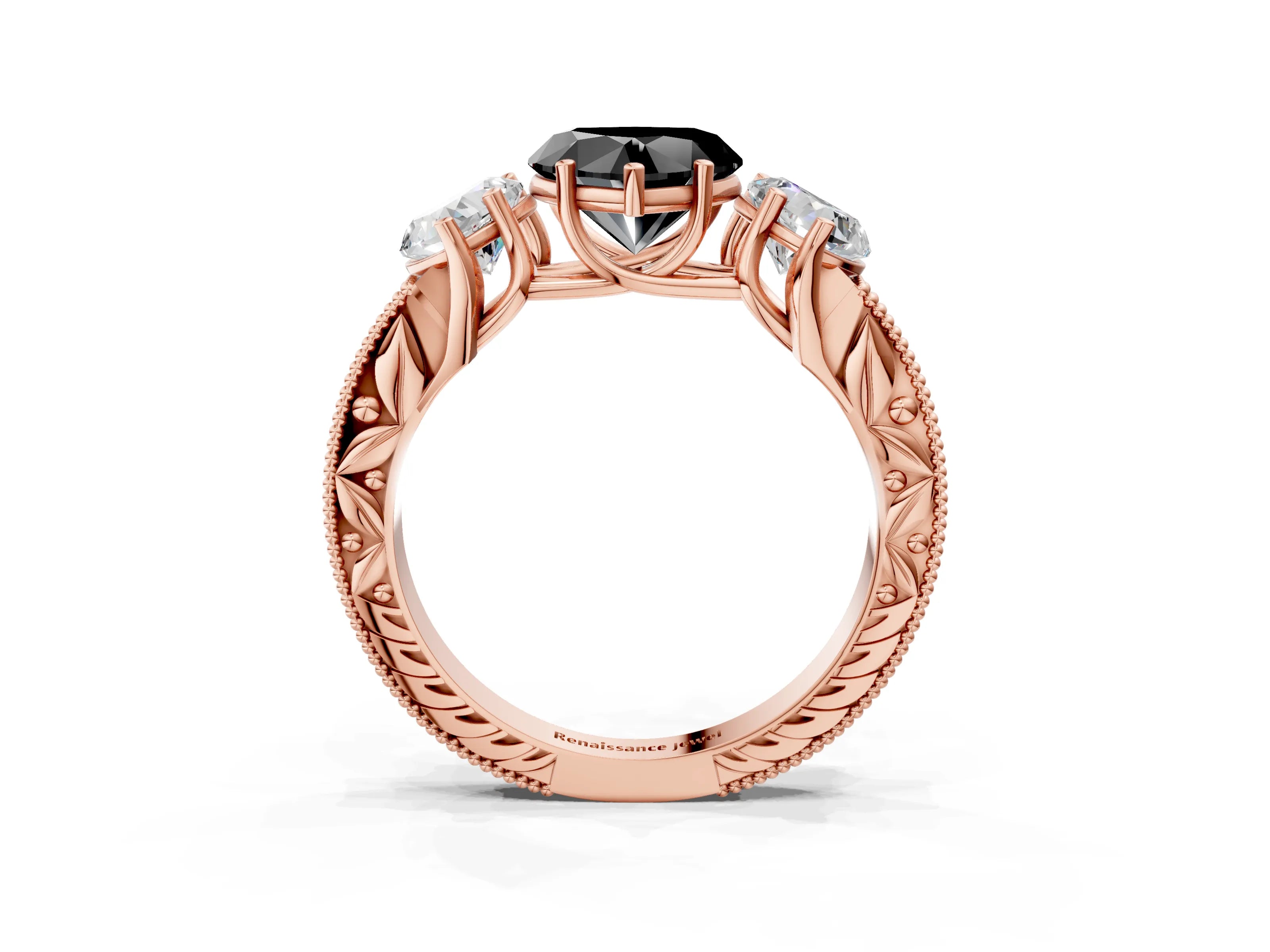 Rose gold Three-Stone Fancy Black Heart Cut Cut Milgrain Pavé Engagement Ring_15