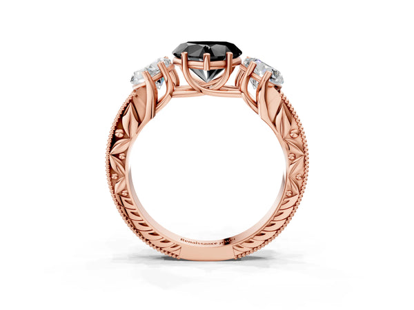 Rose Gold Heart-Shaped Engraved Three Stone Engagement Ring Setting for Black Center