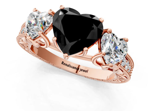 Rose gold Three-Stone Fancy Black Heart Cut Cut Milgrain Pavé Engagement Ring_1