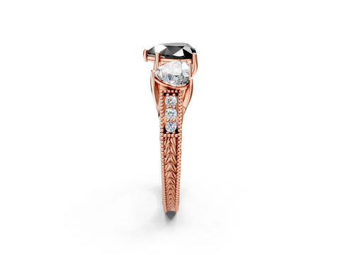 Rose gold Three-Stone Fancy Black Heart Cut Cut Milgrain Pavé Engagement Ring_2