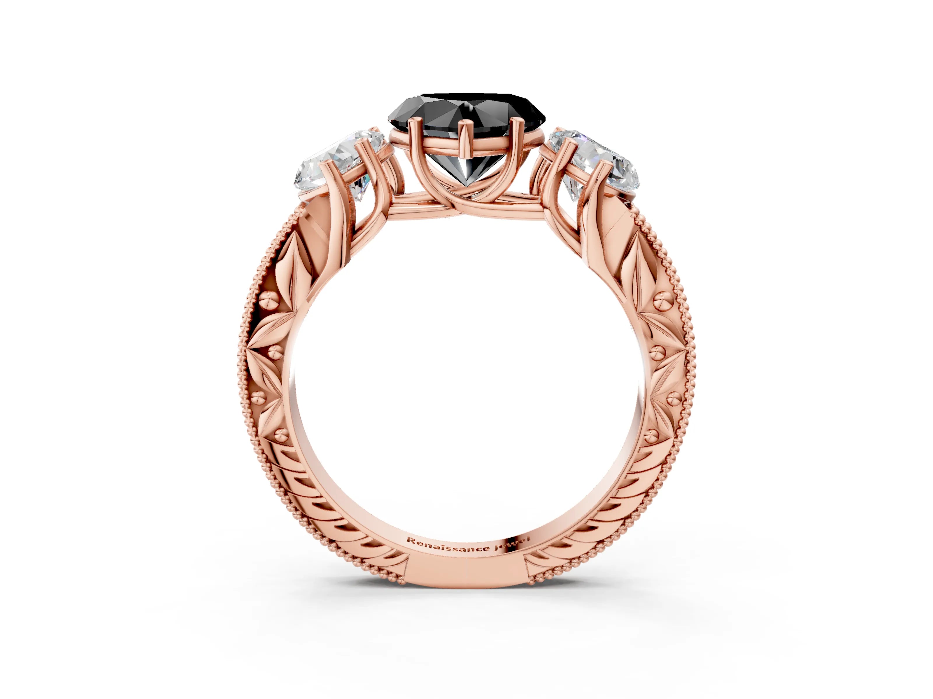 Rose gold Three-Stone Fancy Black Heart Cut Cut Milgrain Pavé Engagement Ring_3