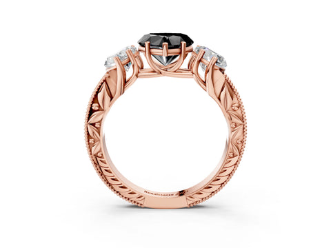Rose gold Three-Stone Fancy Black Heart Cut Cut Milgrain Pavé Engagement Ring_3