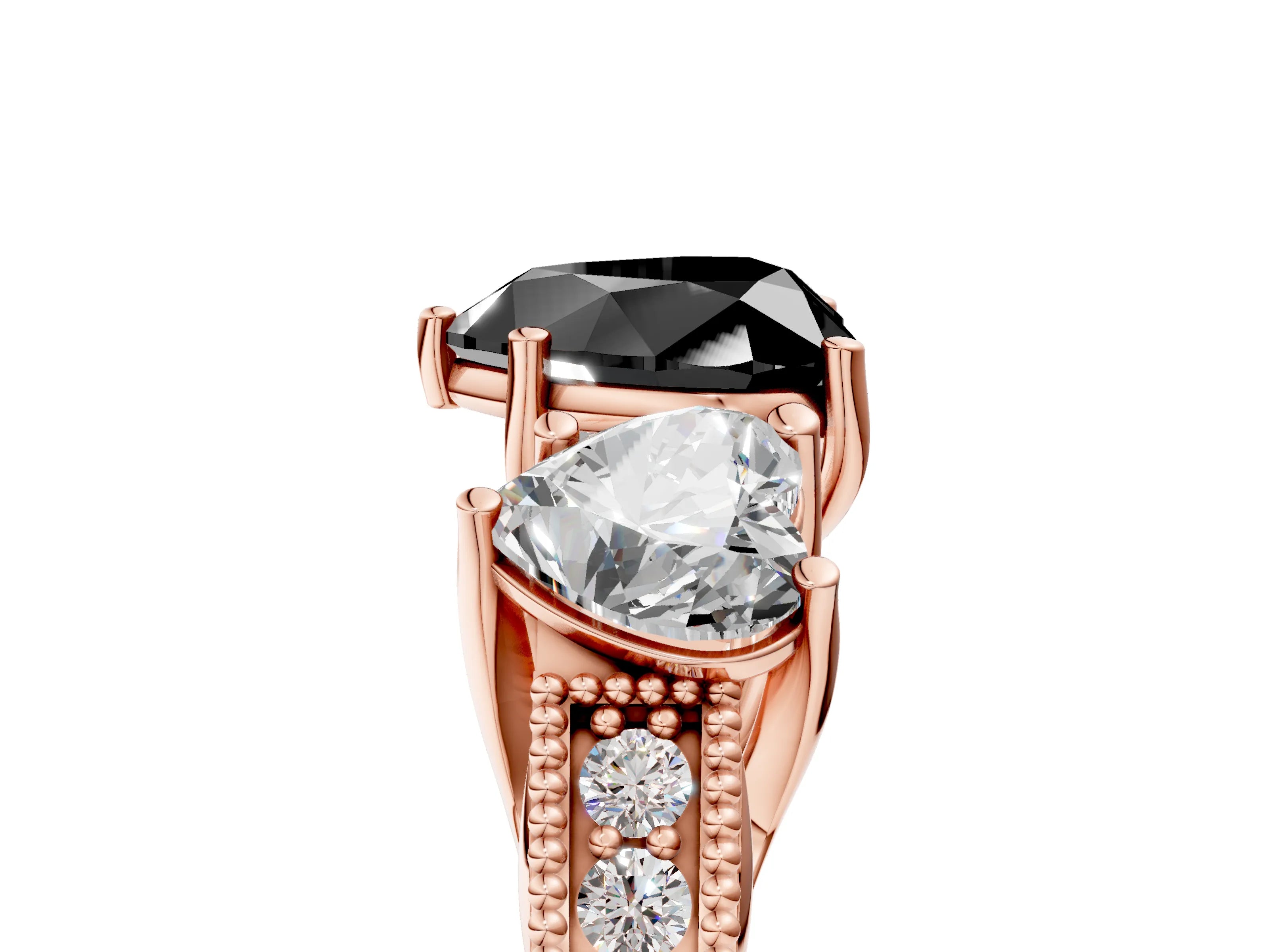 Rose gold Three-Stone Fancy Black Heart Cut Cut Milgrain Pavé Engagement Ring_5