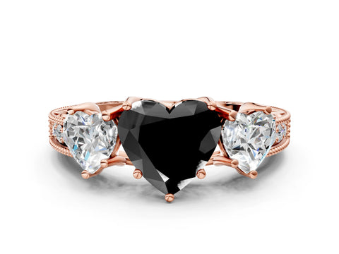 Rose gold Three-Stone Fancy Black Heart Cut Cut Milgrain Pavé Engagement Ring