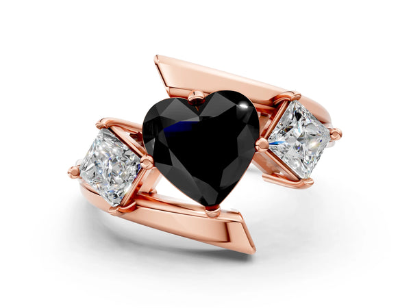 Rose gold Three-Stone Fancy Black Heart Cut Cut Tension Band Ring with Four-Prong Setting