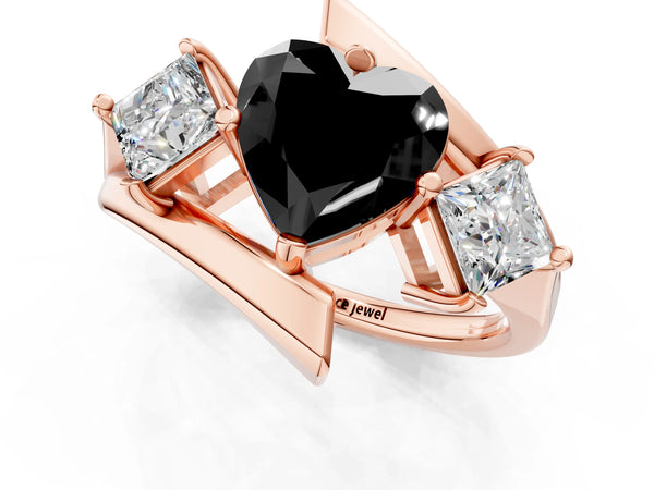 Rose gold Three-Stone Fancy Black Heart Cut Cut Tension Band Ring with Four-Prong Setting