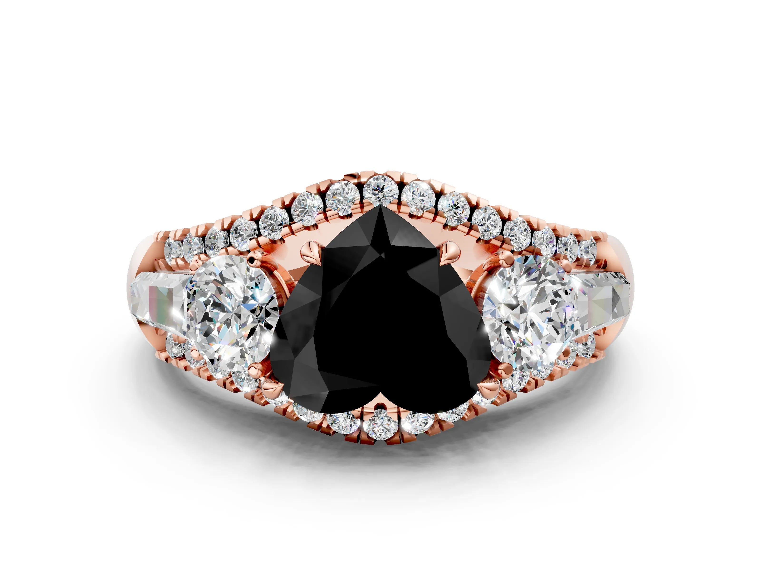 Rose gold Three-Stone Fancy Black Heart Cut Diamond Engagement Ring with Pave Band and Prong Setting