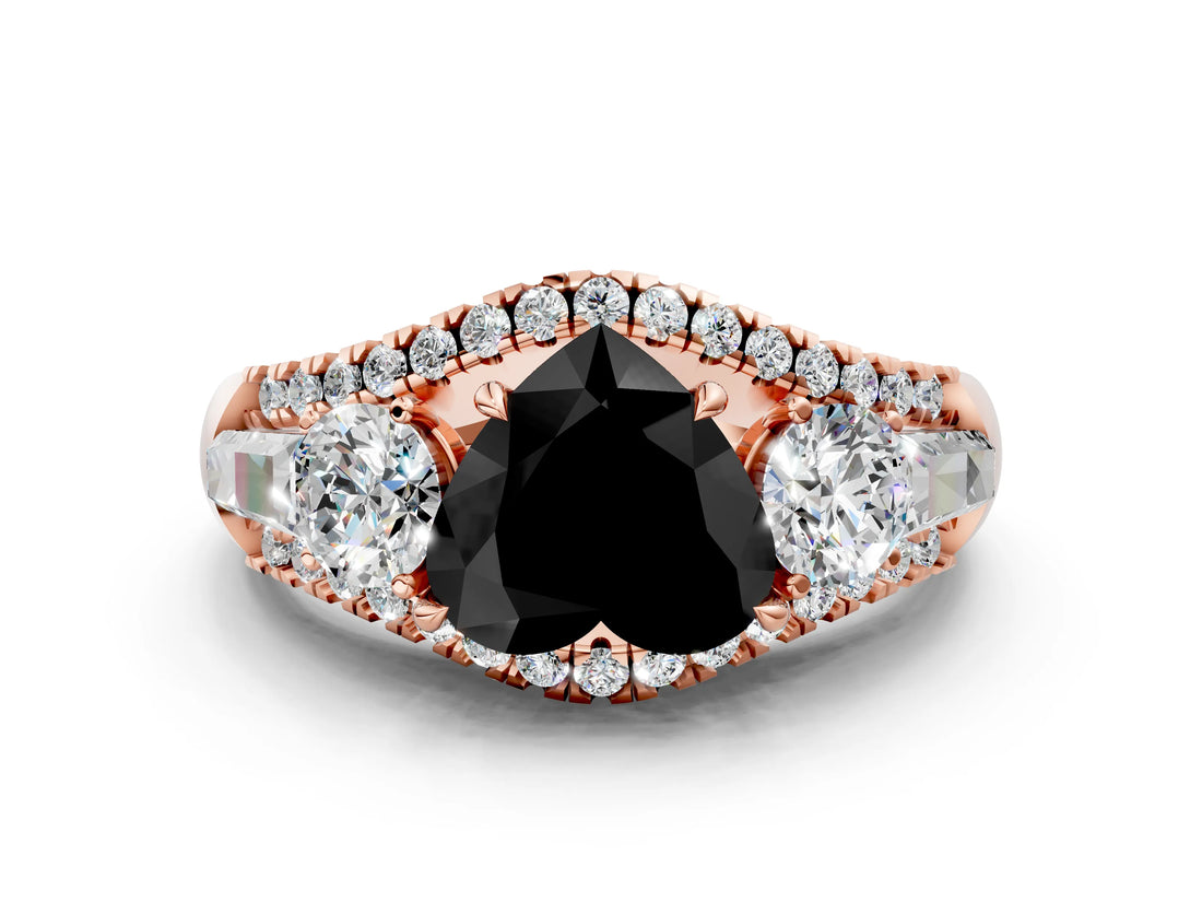 Rose gold Three-Stone Fancy Black Heart Cut Diamond Engagement Ring with Pave Band and Prong Setting