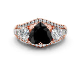 Rose gold Three-Stone Fancy Black Heart Cut Diamond Engagement Ring with Pave Band and Prong Setting