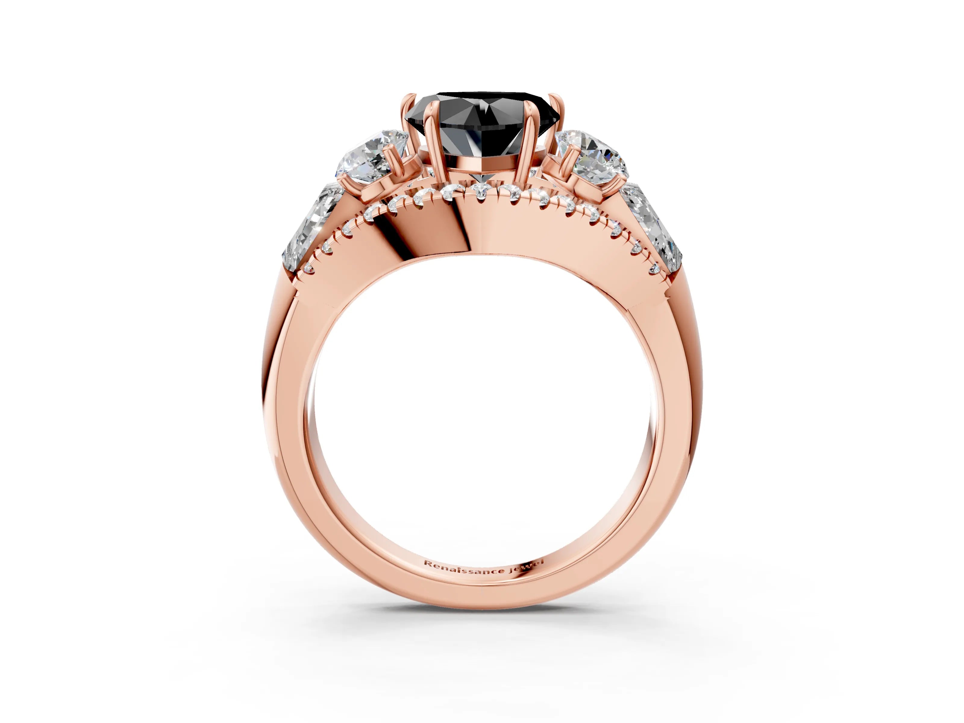 Rose gold Three-Stone Fancy Black Heart Cut Diamond Engagement Ring with Pave Band and Prong Setting_3
