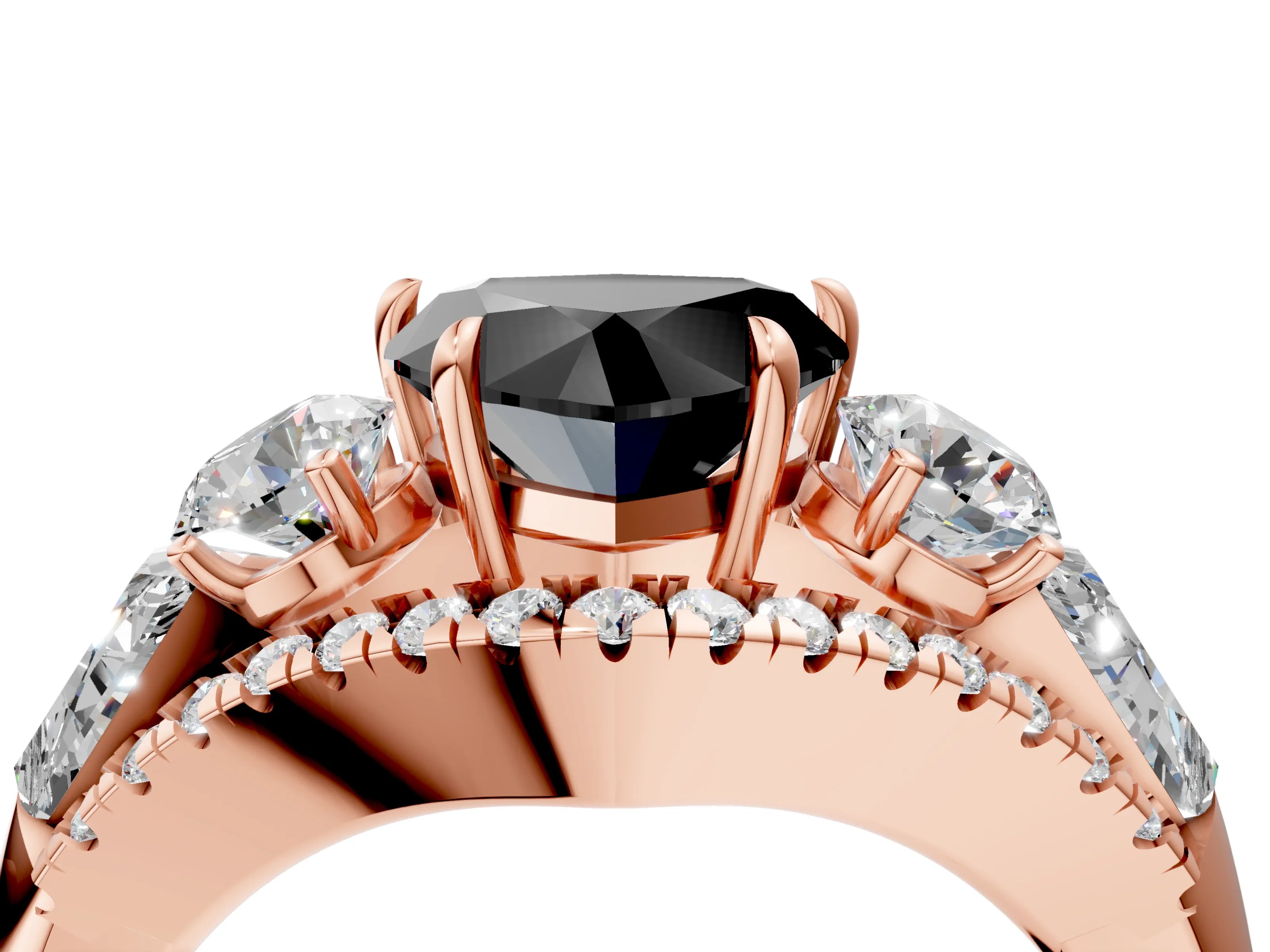 Rose gold Three-Stone Fancy Black Heart Cut Diamond Engagement Ring with Pave Band and Prong Setting_4