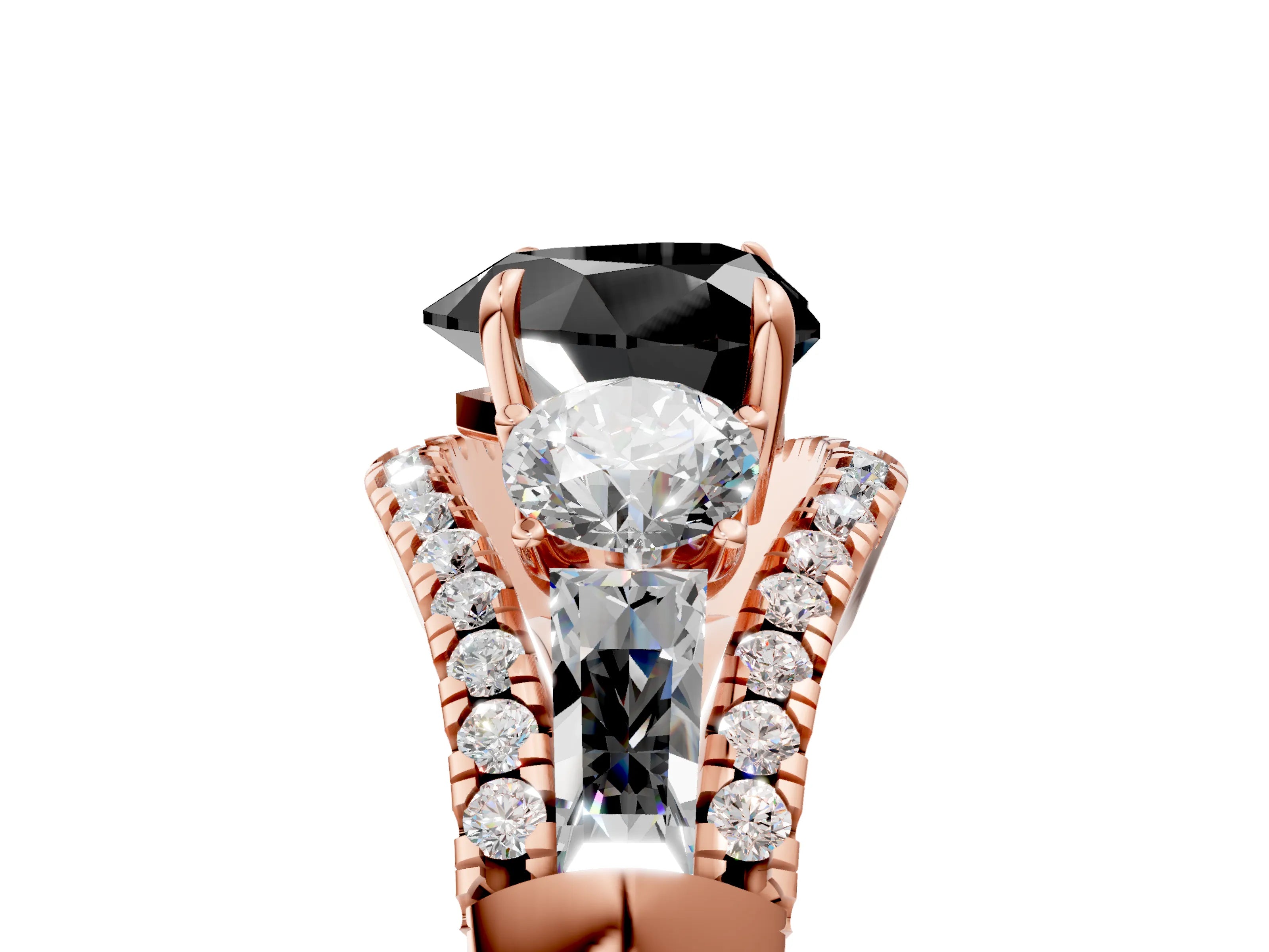 Rose gold Three-Stone Fancy Black Heart Cut Diamond Engagement Ring with Pave Band and Prong Setting_5