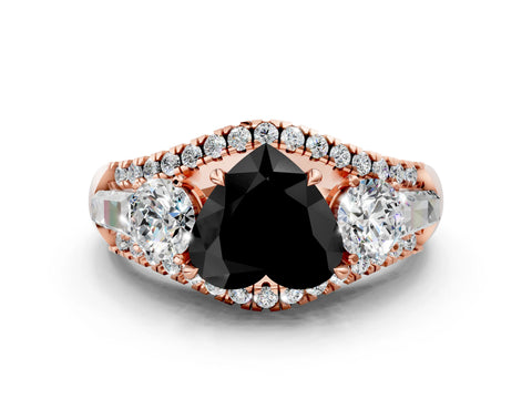 Rose gold Three-Stone Fancy Black Heart Cut Diamond Engagement Ring with Pave Band and Prong Setting