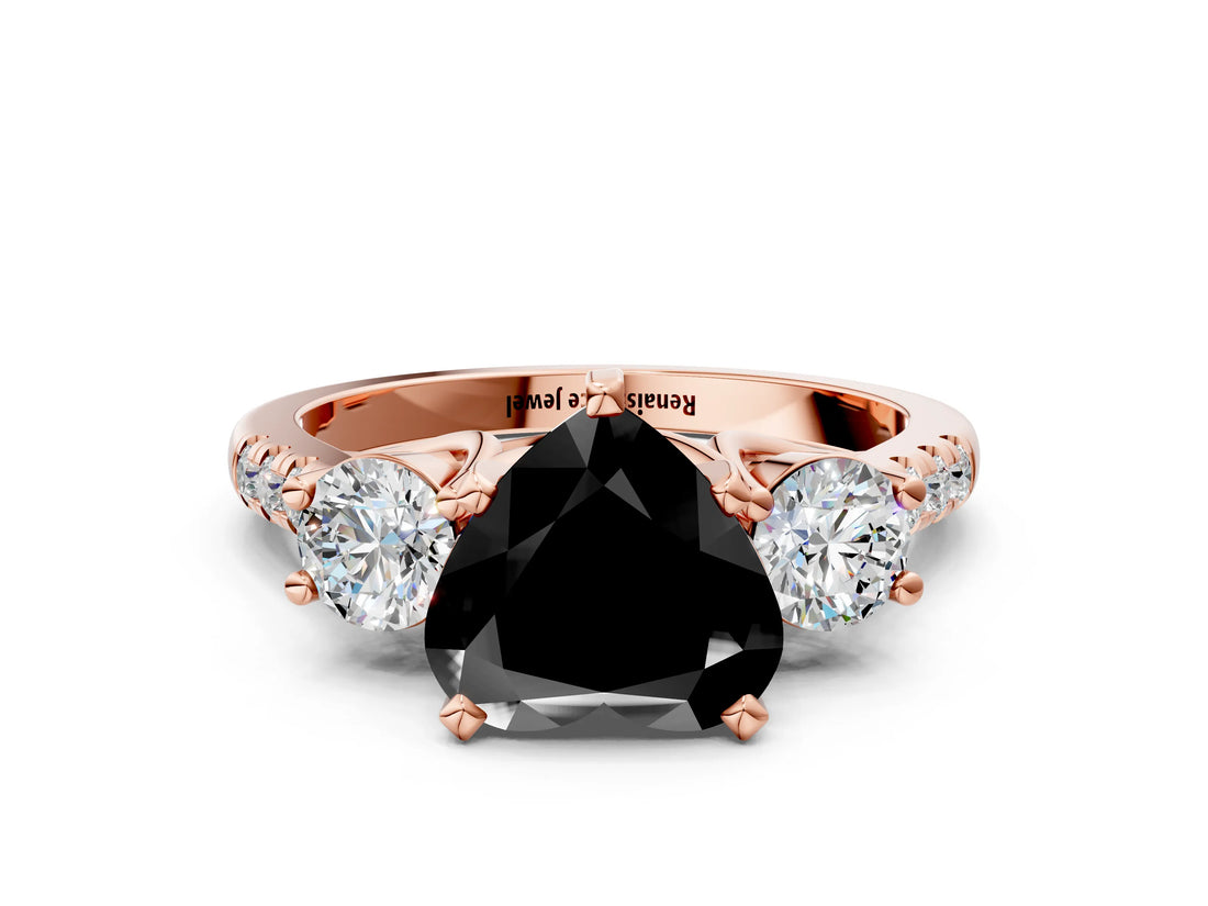 Rose gold Three-Stone Fancy Black Heart Cut Diamond Pavé Band with Four-Prong Setting
