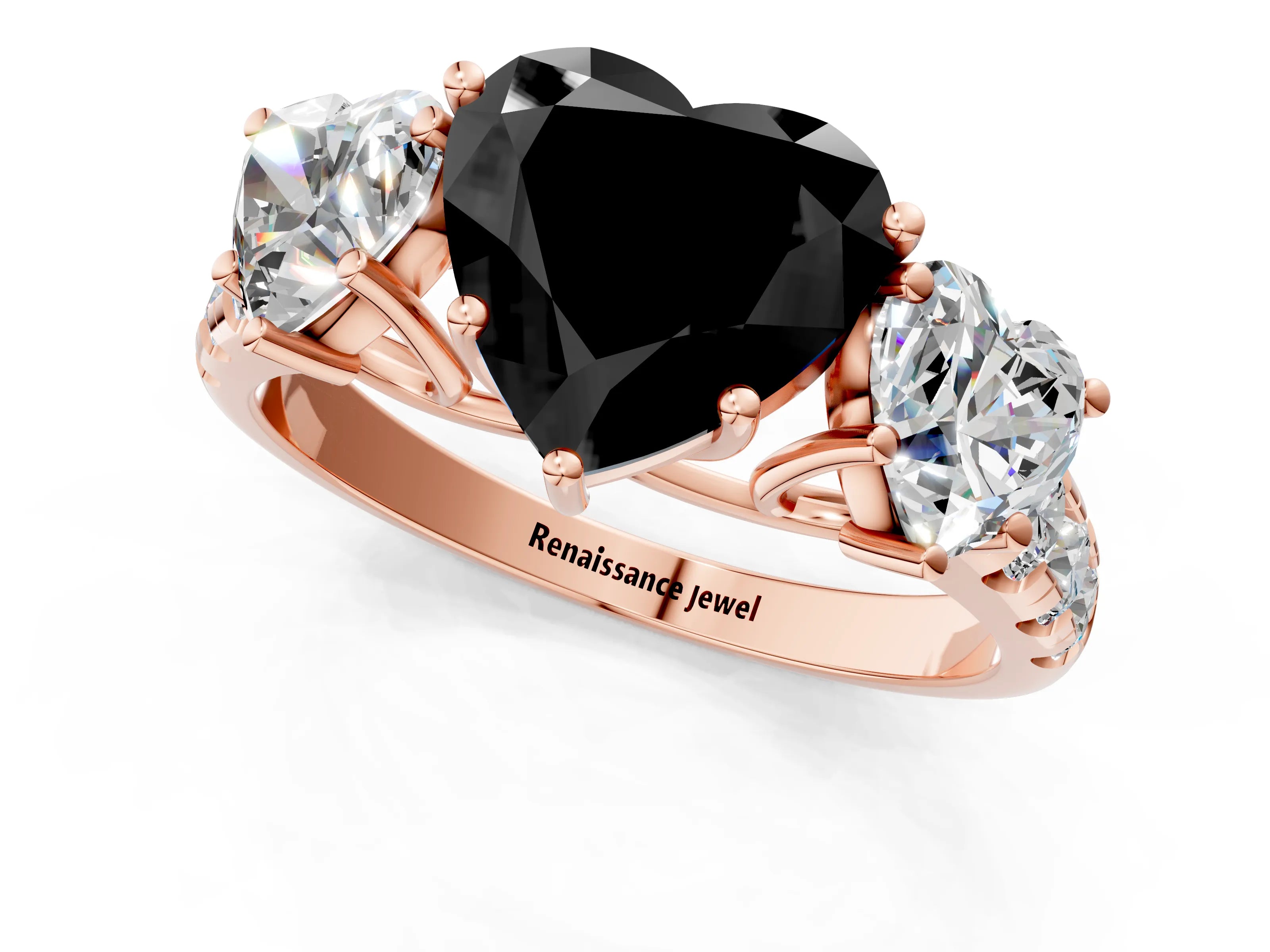 Rose gold Three-Stone Fancy Black Heart Cut Diamond Pavé Band with Prong Setting_1