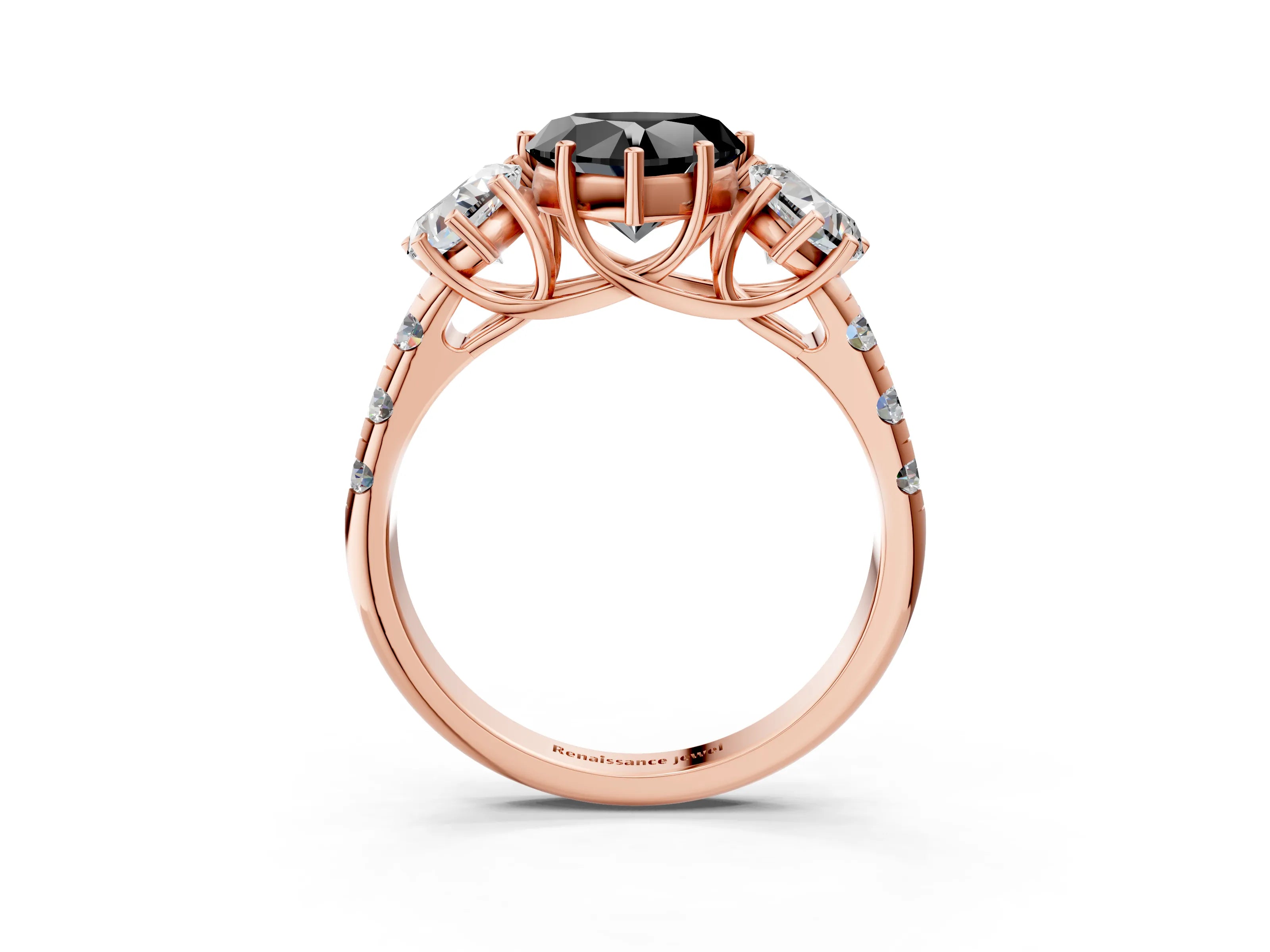 Rose gold Three-Stone Fancy Black Heart Cut Diamond Pavé Band with Prong Setting_3