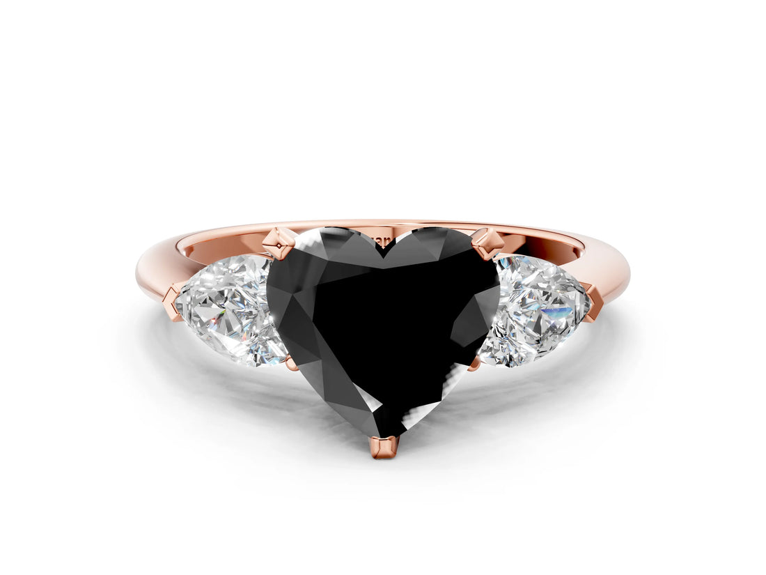 Rose gold Three-Stone Fancy Black Heart Cut Diamond Ring with Pear Side Stones and Four-Prong Setting