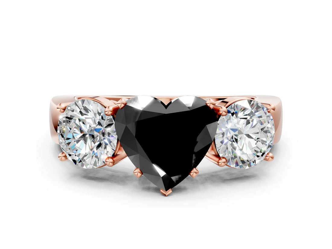 Rose gold Three-Stone Fancy Black Heart Cut Diamond Ring with Round Side Stones, Classic Band, and Four-Prong Setting