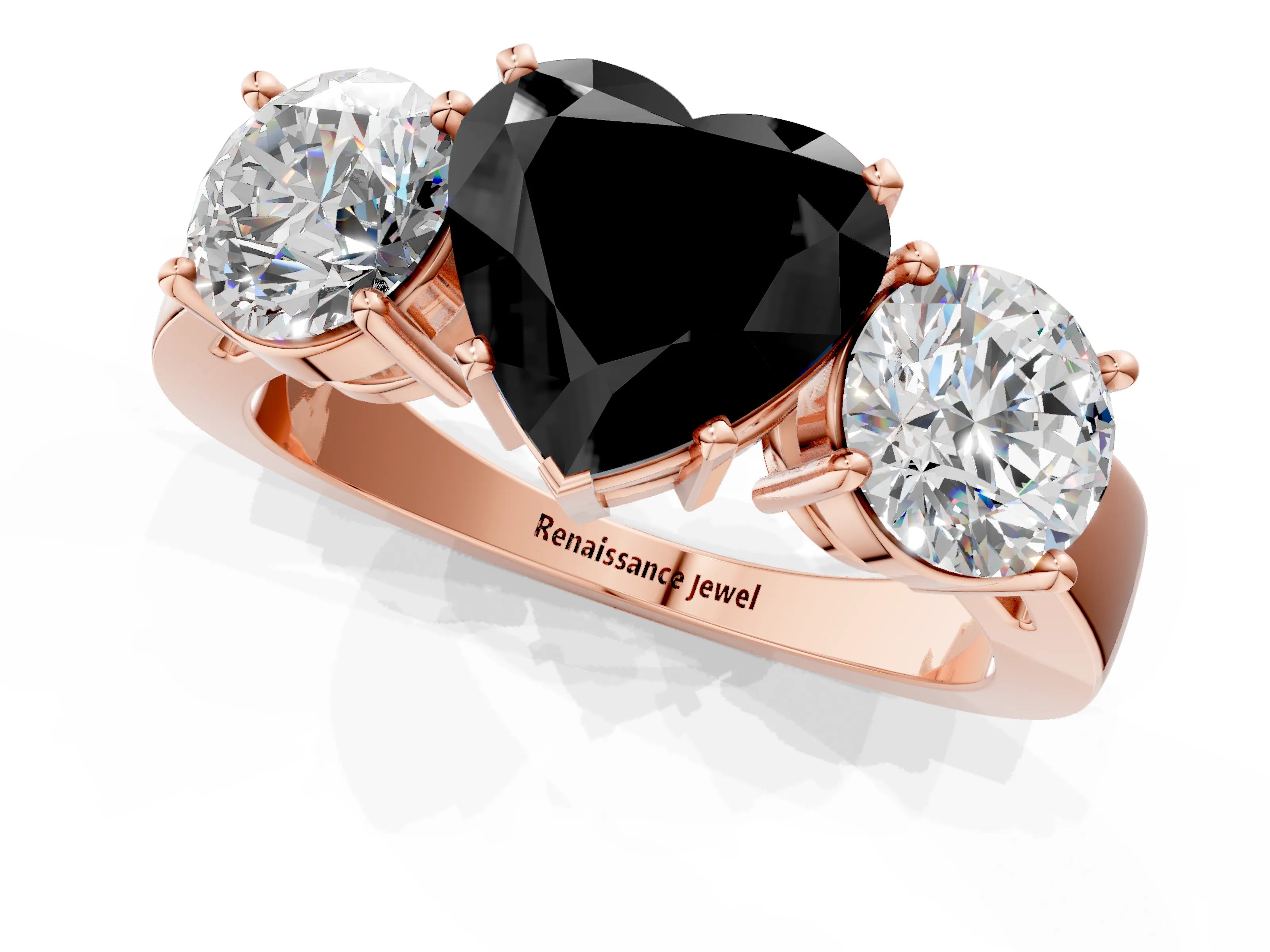 Rose gold Three-Stone Fancy Black Heart Cut Diamond Ring with Round Side Stones, Classic Band, and Four-Prong Setting_1