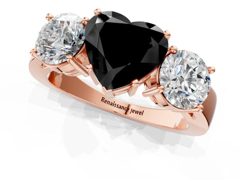 Rose gold Three-Stone Fancy Black Heart Cut Diamond Ring with Round Side Stones, Classic Band, and Four-Prong Setting_1