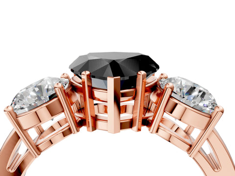 Rose gold Three-Stone Fancy Black Heart Cut Diamond Ring with Round Side Stones, Classic Band, and Four-Prong Setting_4