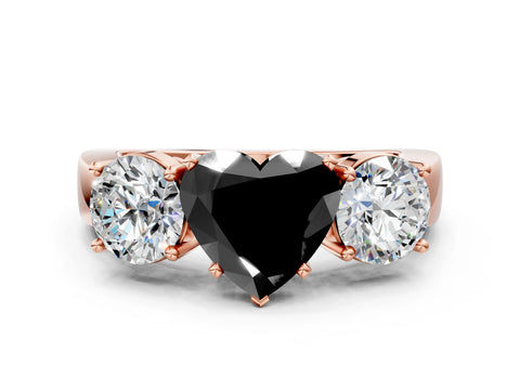 Rose gold Three-Stone Fancy Black Heart Cut Diamond Ring with Round Side Stones, Classic Band, and Four-Prong Setting