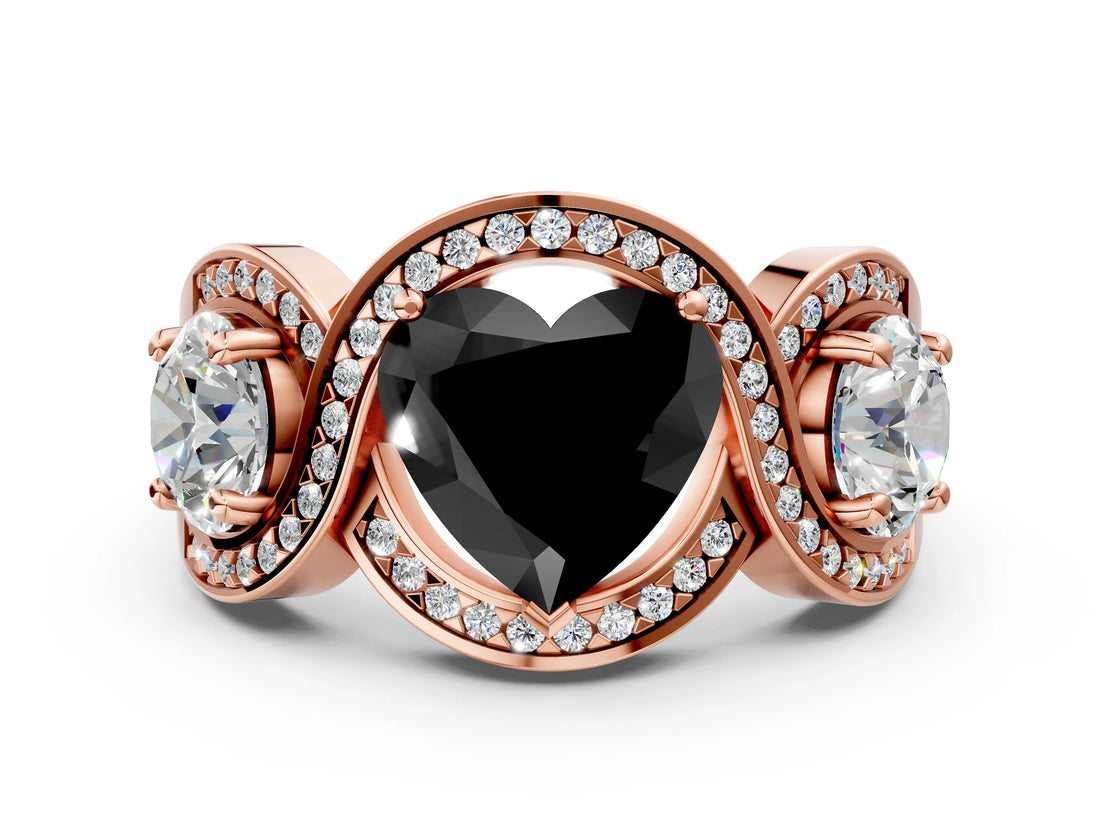 Rose gold Three-Stone Fancy Black Heart Cut Diamond Wave Pave Band with Prong Setting_12