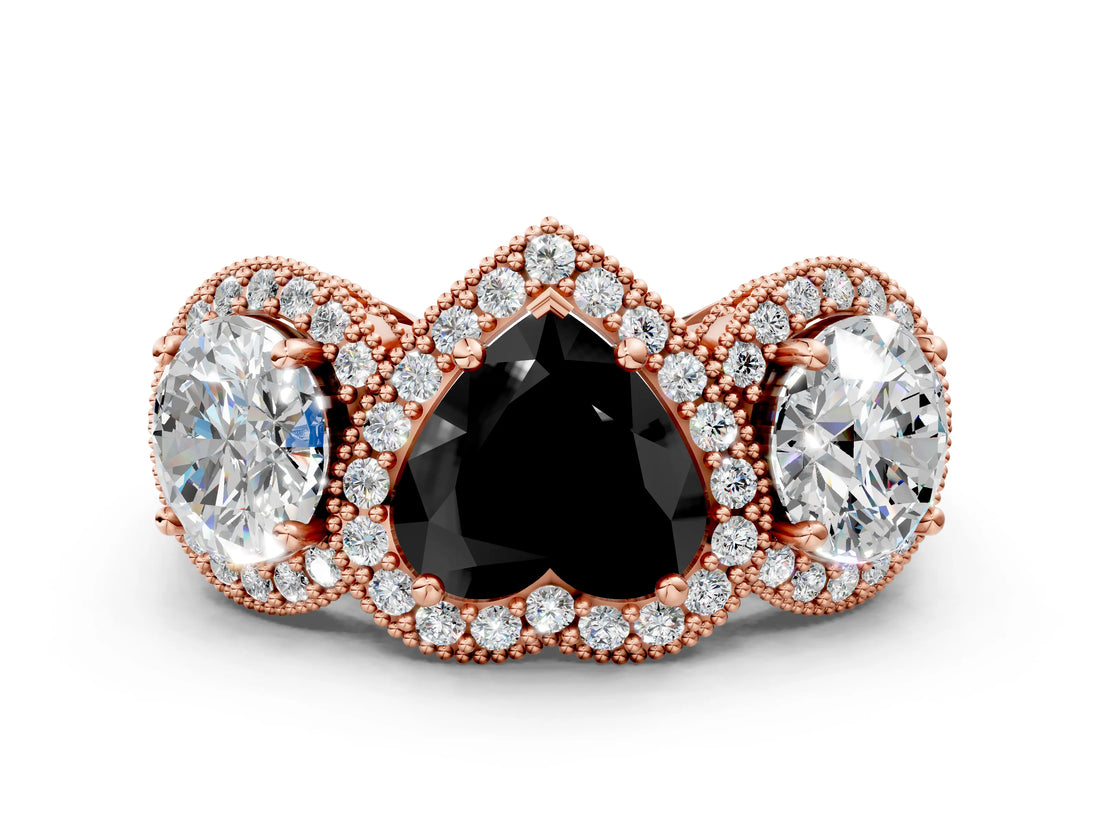 Rose gold Three-Stone Fancy Black Heart Cut Halo Diamond Milgrain Band with Four-Prong Setting