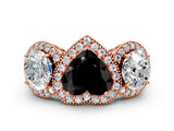 Rose gold Three-Stone Fancy Black Heart Cut Halo Diamond Milgrain Band with Four-Prong Setting