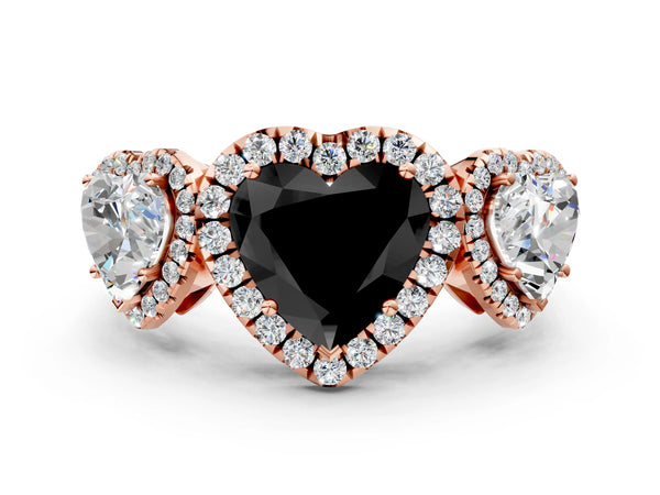 Rose gold Three-Stone Fancy Black Heart Cut Halo Diamond Ring with Pave Band and Four-Prong Setting
