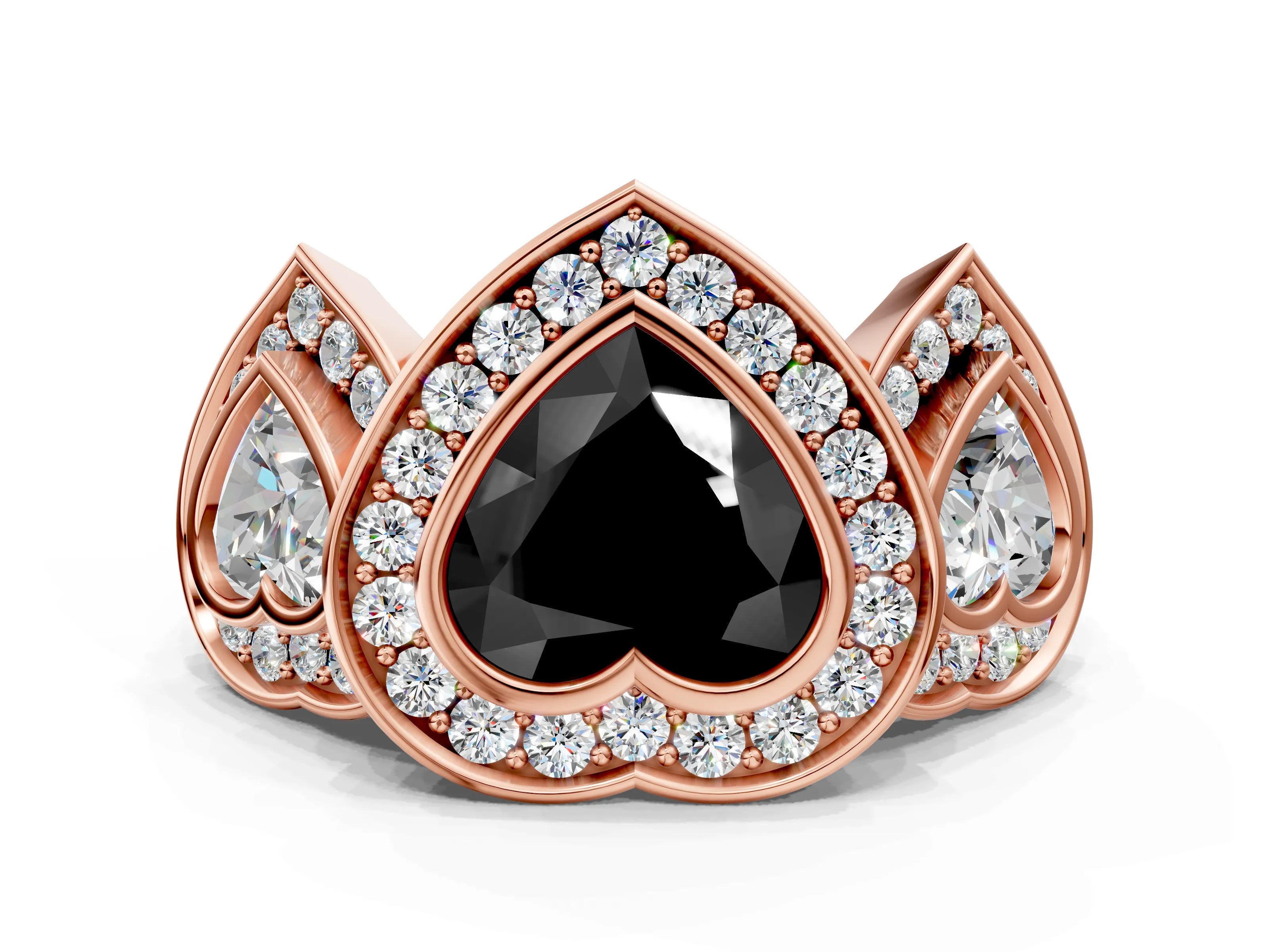 Rose gold Three-Stone Fancy Black Heart Cut Halo Pavé Diamond Ring