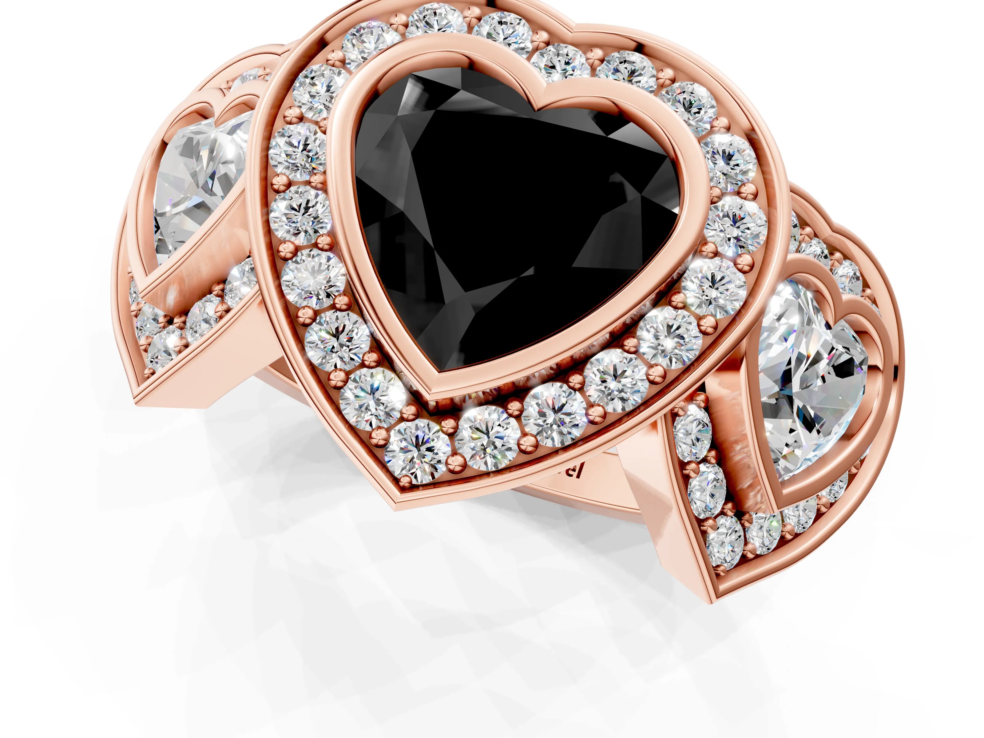 Rose gold Three-Stone Fancy Black Heart Cut Halo Pavé Diamond Ring_1