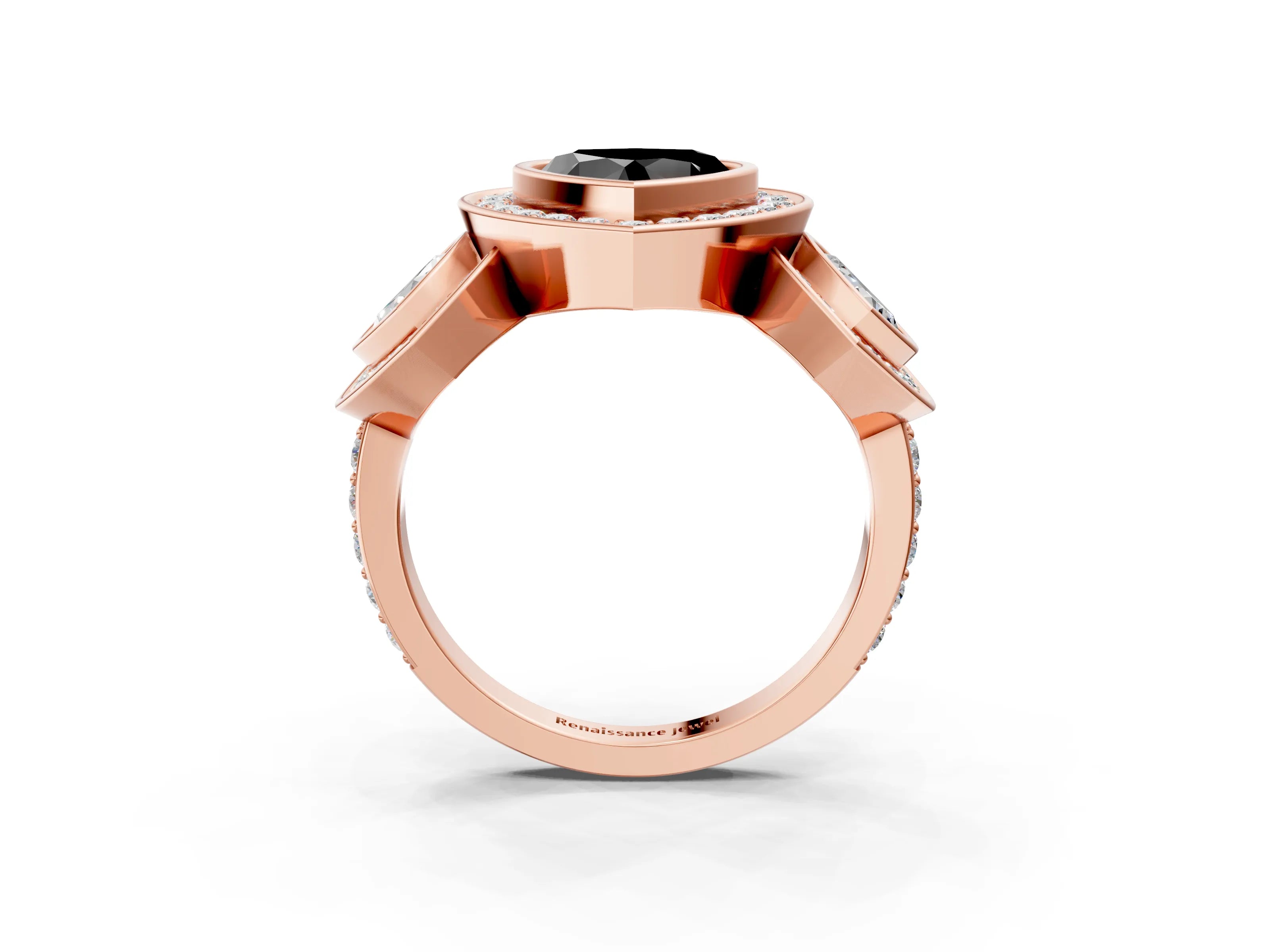 Rose gold Three-Stone Fancy Black Heart Cut Halo Pavé Diamond Ring_3