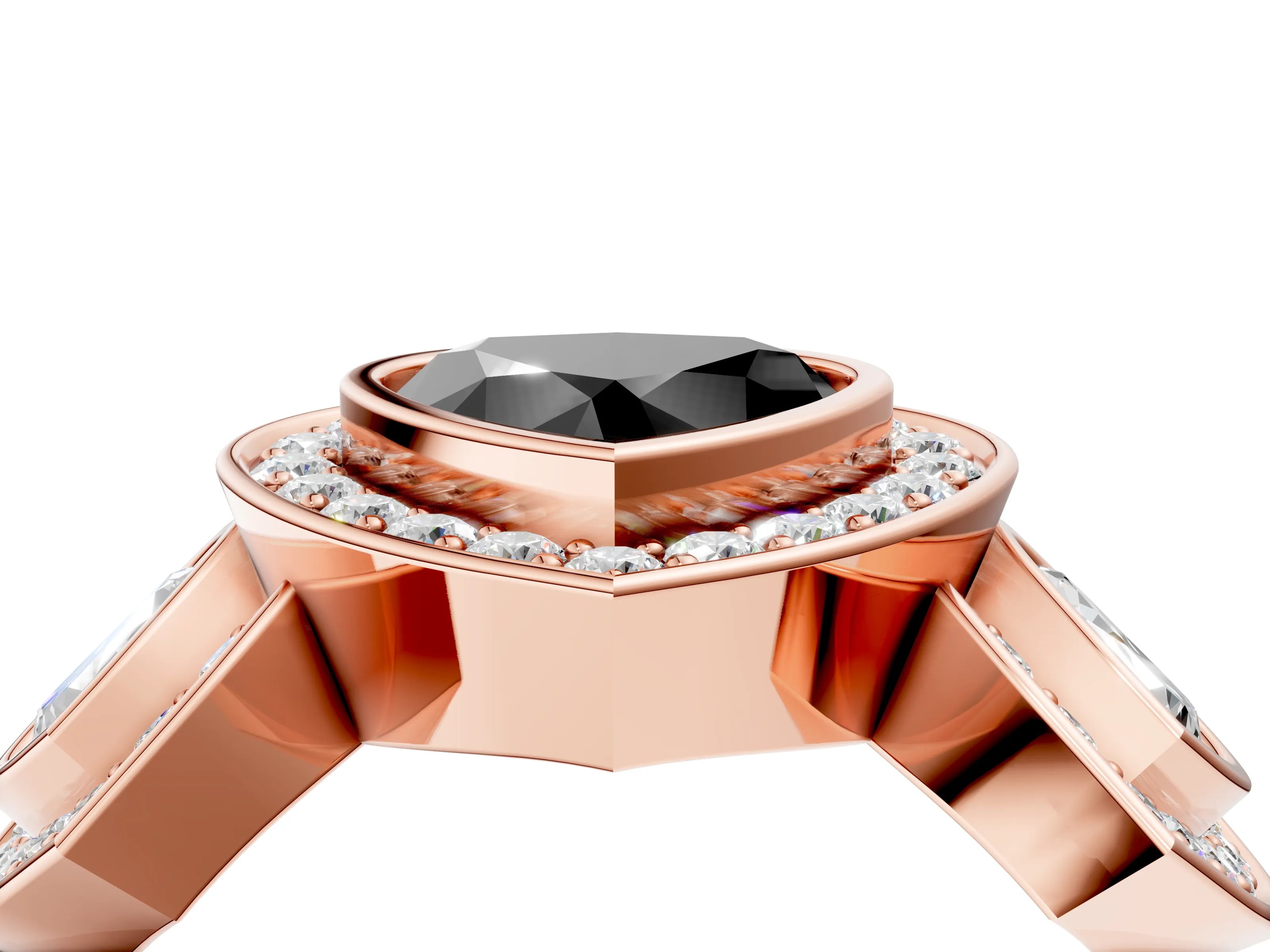 Rose gold Three-Stone Fancy Black Heart Cut Halo Pavé Diamond Ring_4