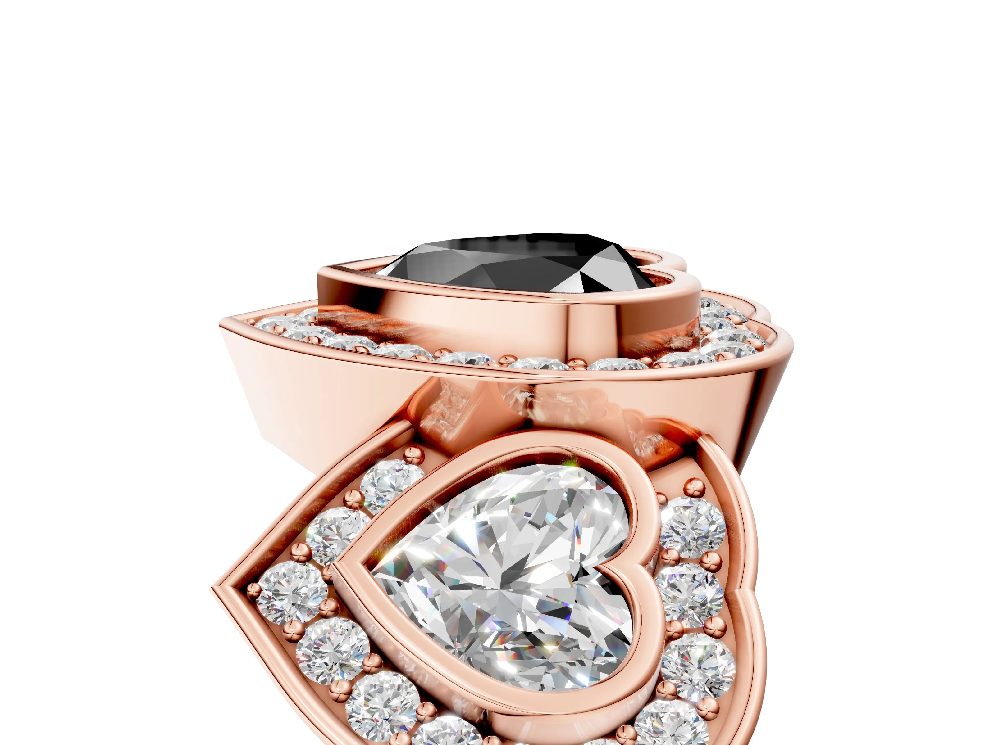Rose gold Three-Stone Fancy Black Heart Cut Halo Pavé Diamond Ring_5